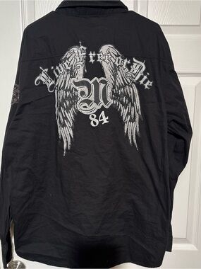 mecca Black Long-Sleeve Button-Down Shirt with White Wing Back Graphic